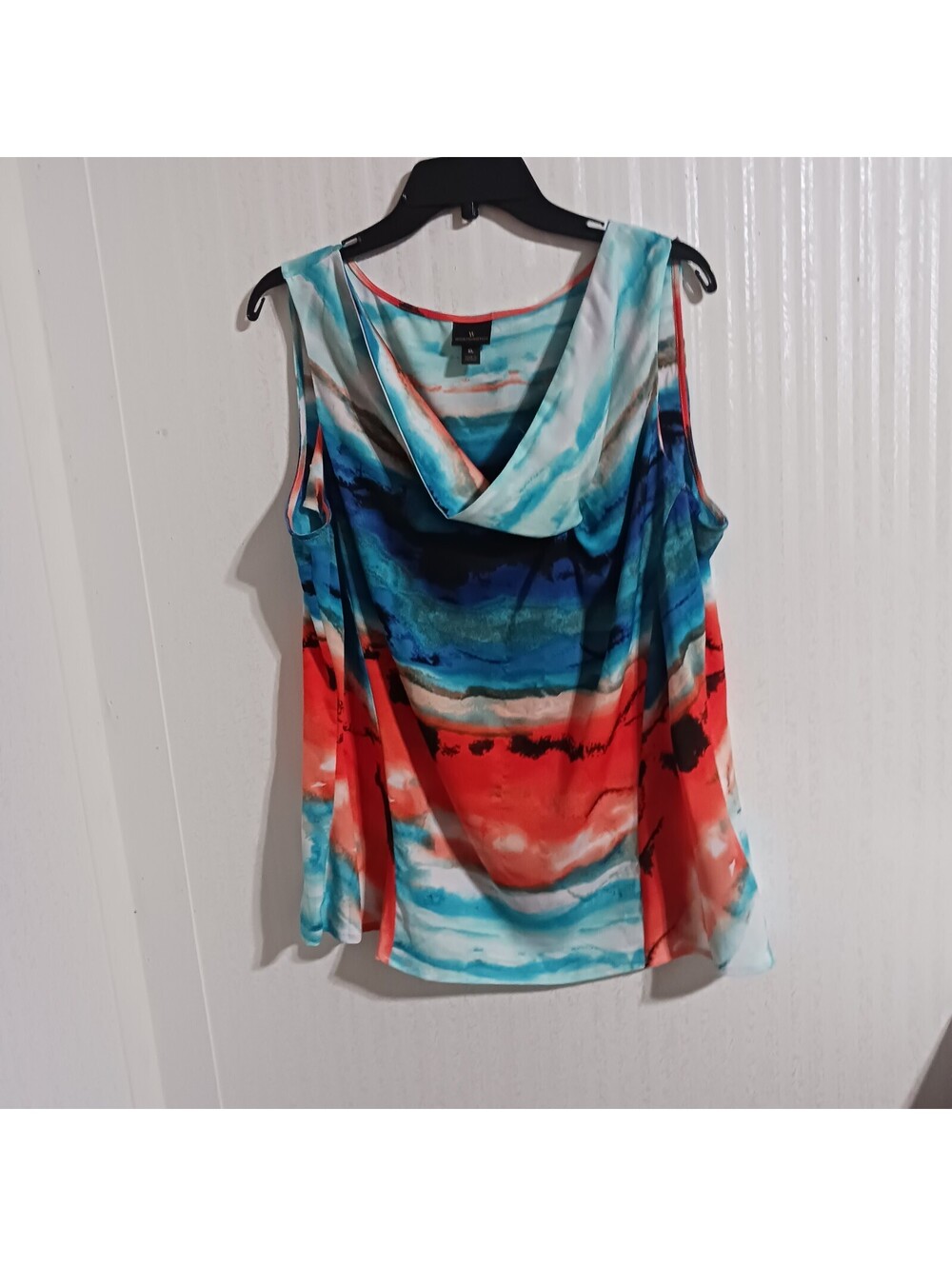 Women's Sleeveless Abstract Print Cowl Neck Blouse Multicolored Blue  Orange XL